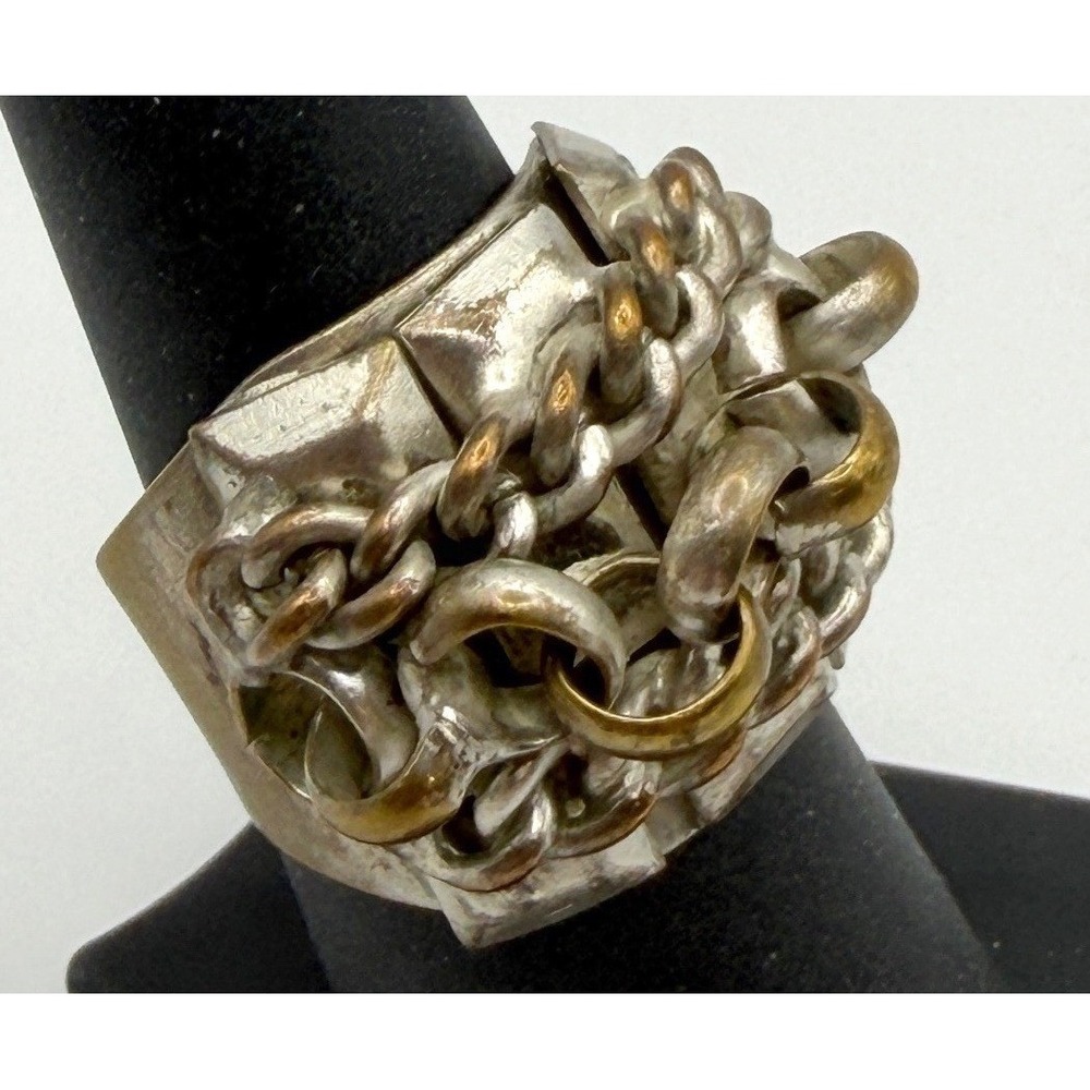 Mixed Metal Abstract Wide Band‎ Ring Sculptural Statement Size 7.5